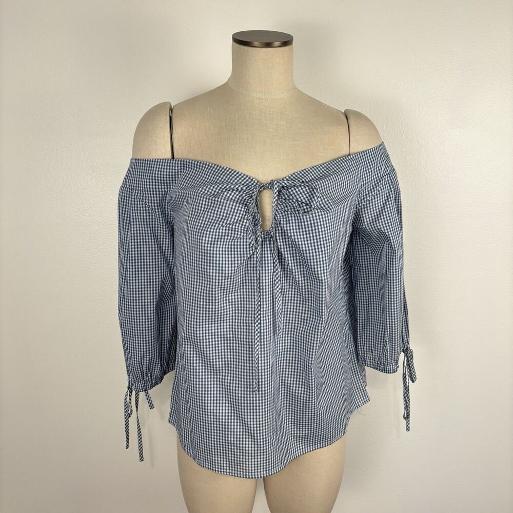 NWT Lumiere Womens Blue Gingham Off-Shoulder Top Size Small 100% Cotton